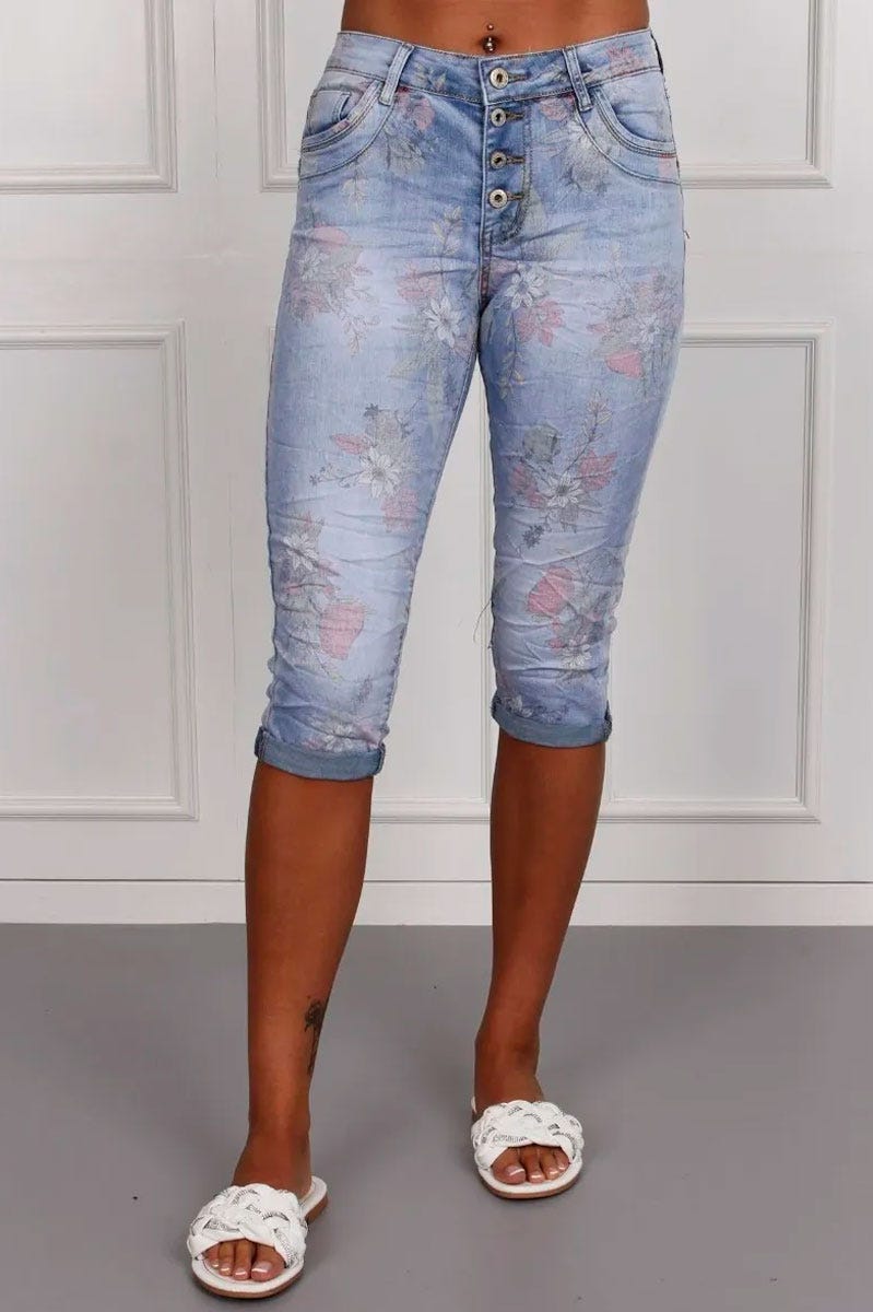 3/4 jeans m. blommor, Denim