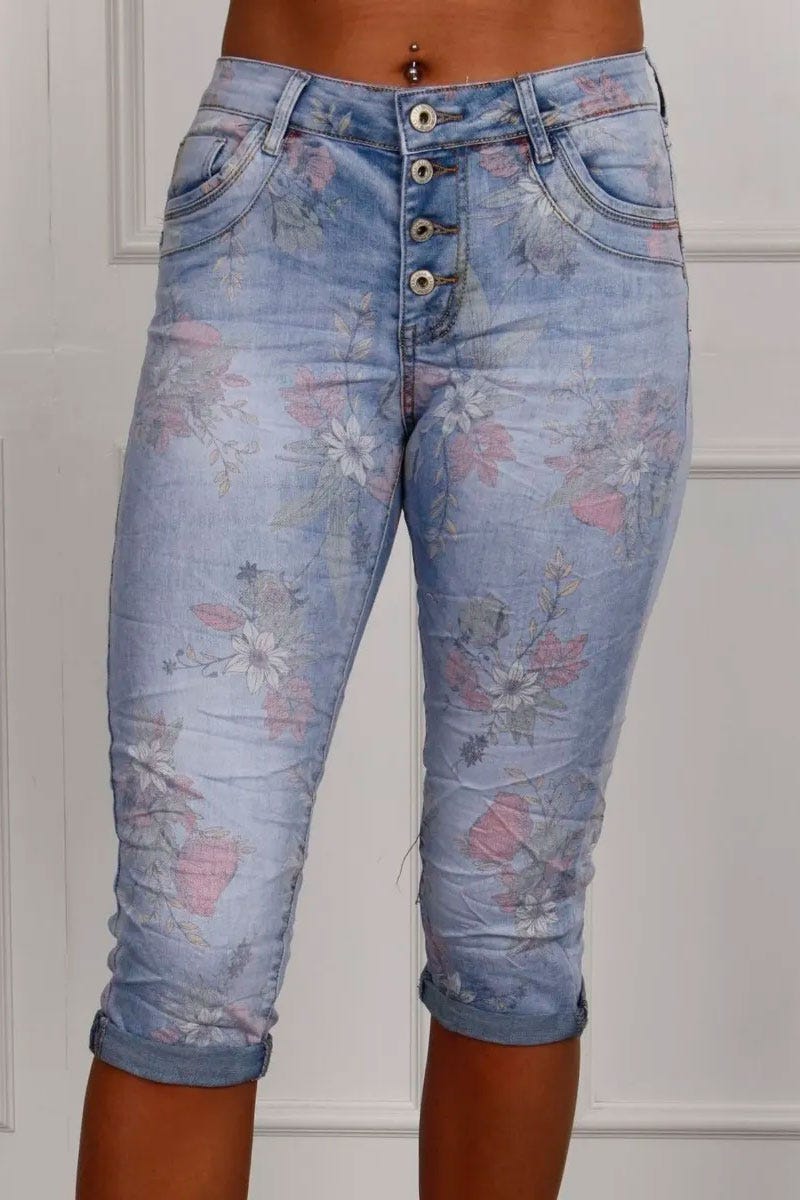 3/4 jeans m. blommor, Denim