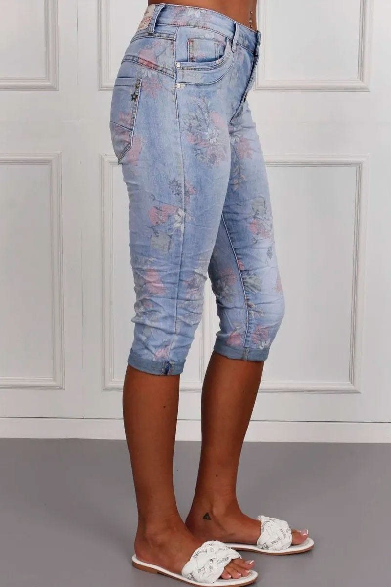 3/4 jeans m. blommor, Denim