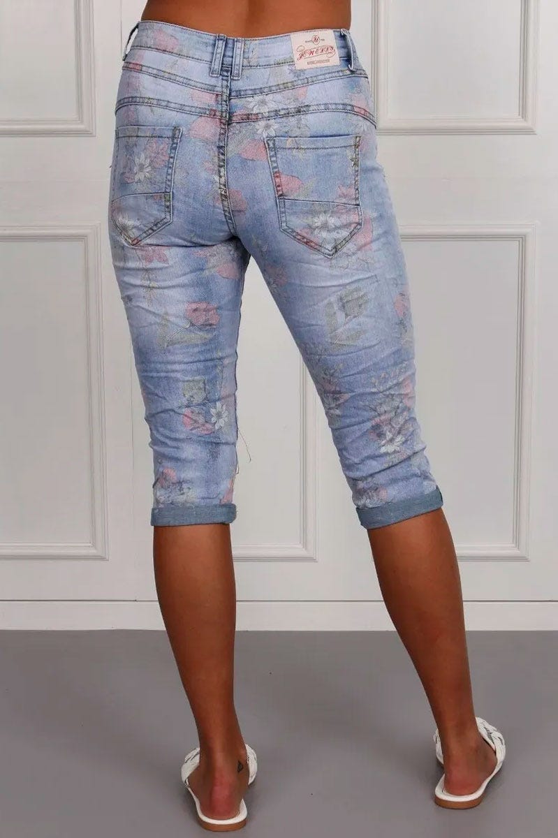 3/4 jeans m. blommor, Denim