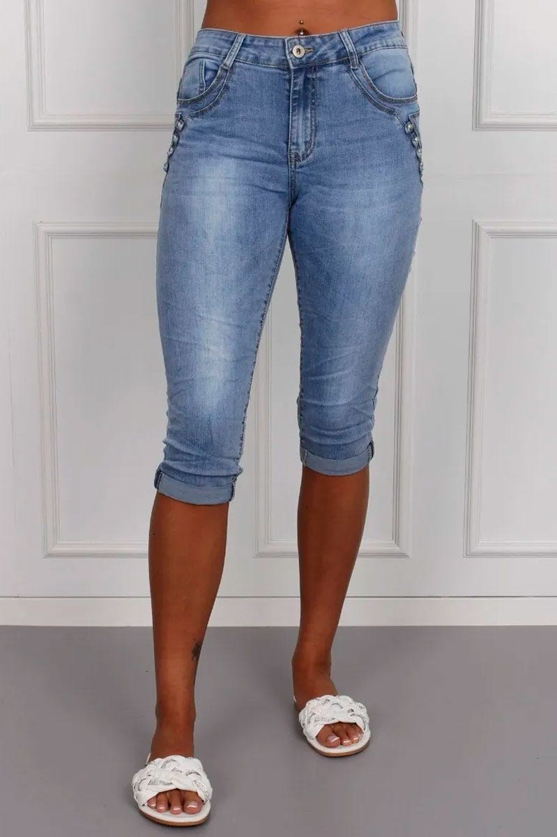 3/4 jeans m. knappar, Denim