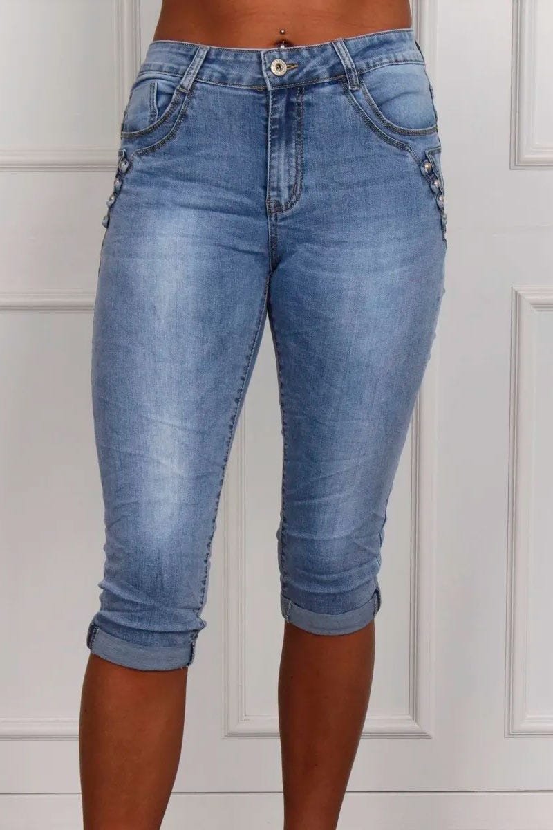 3/4 jeans m. knappar, Denim