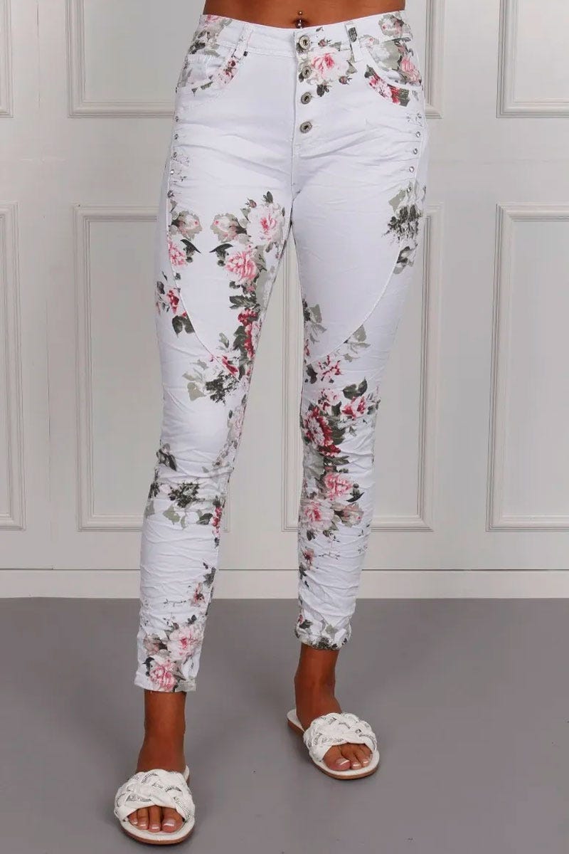 Jeans m. blommor, Vit