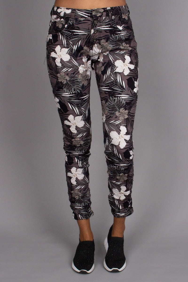 Jeans m. blomsterprint, Svart