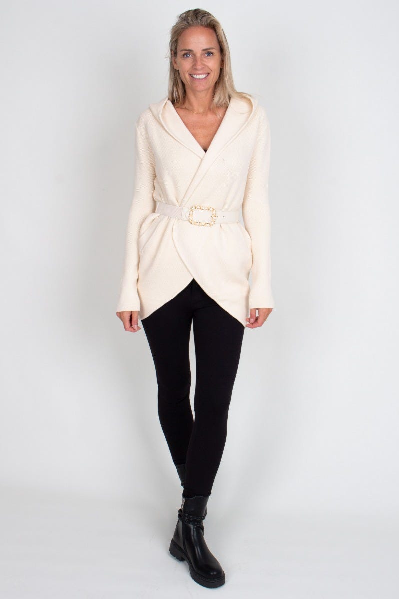 Cardigan m. skärp, Creme