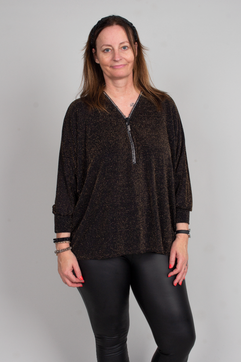  Zip blus m. glitter, Guld