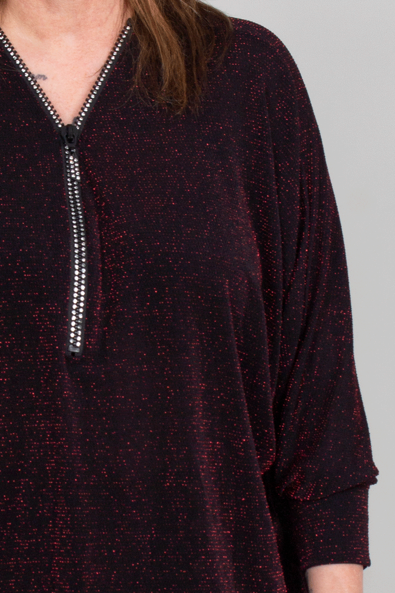  Zip blus m. glitter, Röd