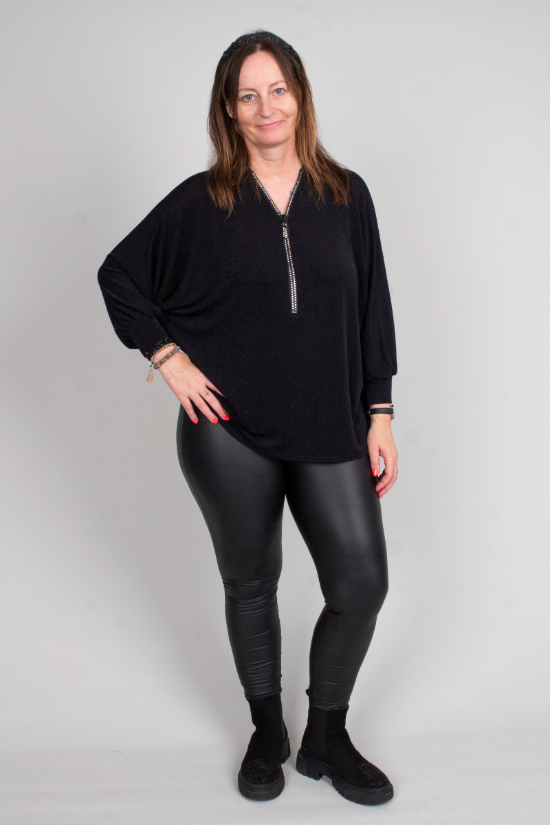 Zip blus m. glitter, Svart