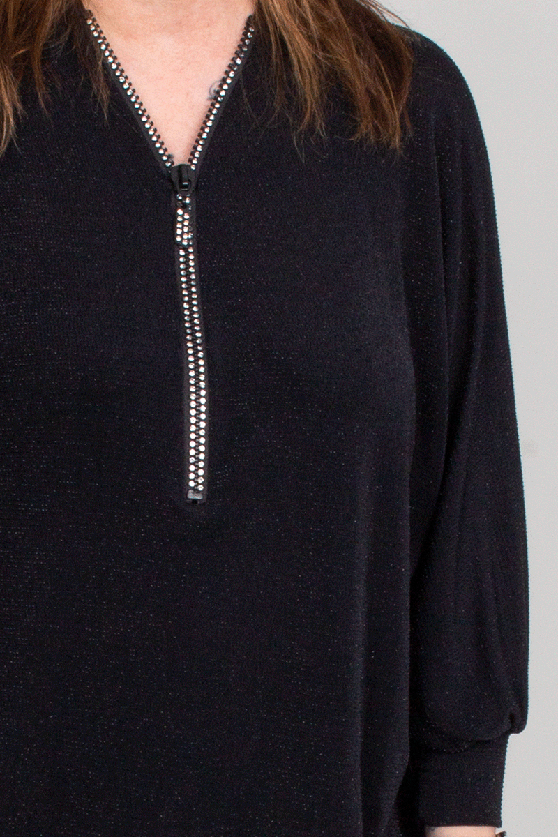 Zip blus m. glitter, Svart