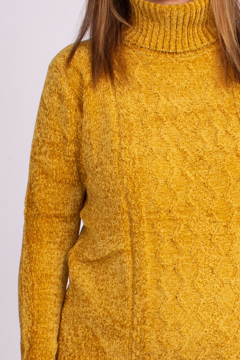 Chenille strik m. rullekrave Mustard