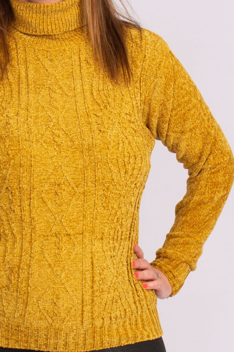 Chenille strik m. kabelmønster Mustard