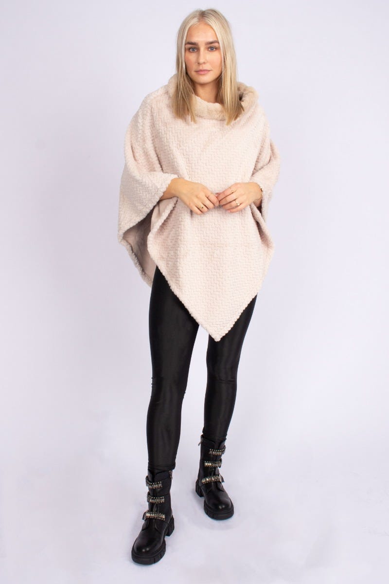 Fuskpäls poncho m. krage, Beige