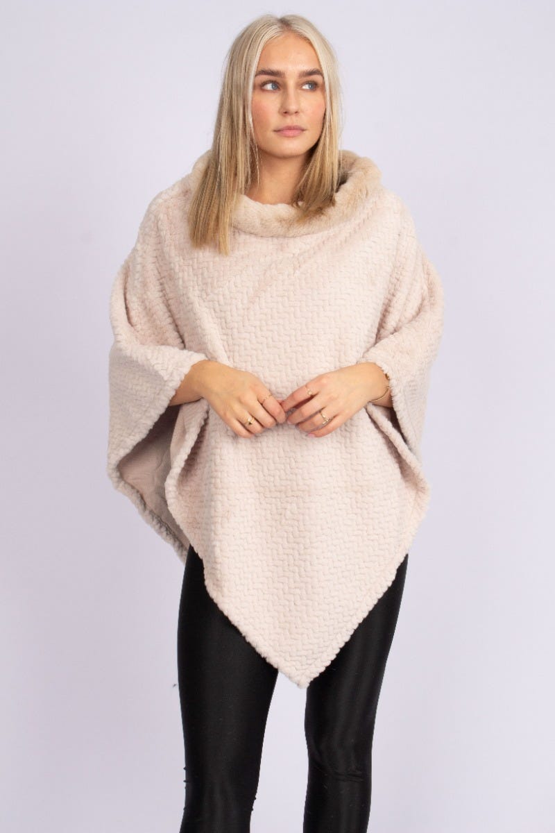 Fuskpäls poncho m. krage, Beige