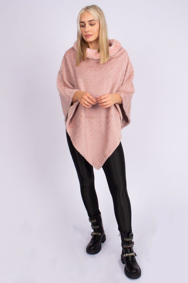 Fuskpäls poncho m. krage, Rosa