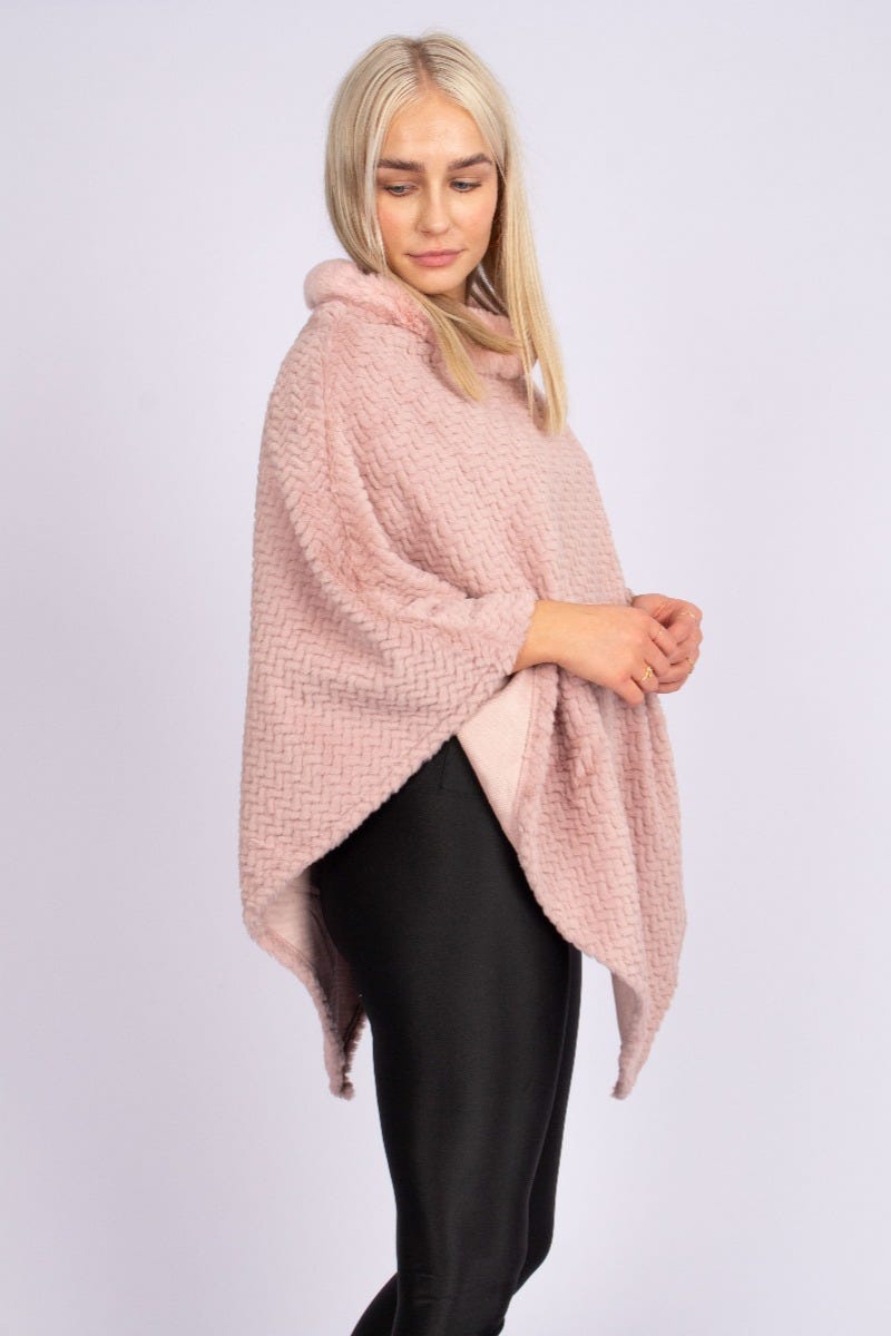 Fuskpäls poncho m. krage, Rosa