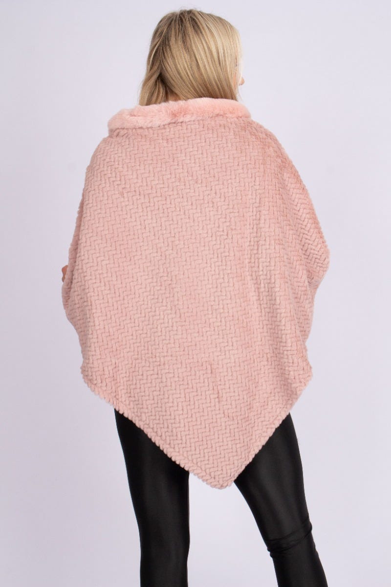 Fuskpäls poncho m. krage, Rosa