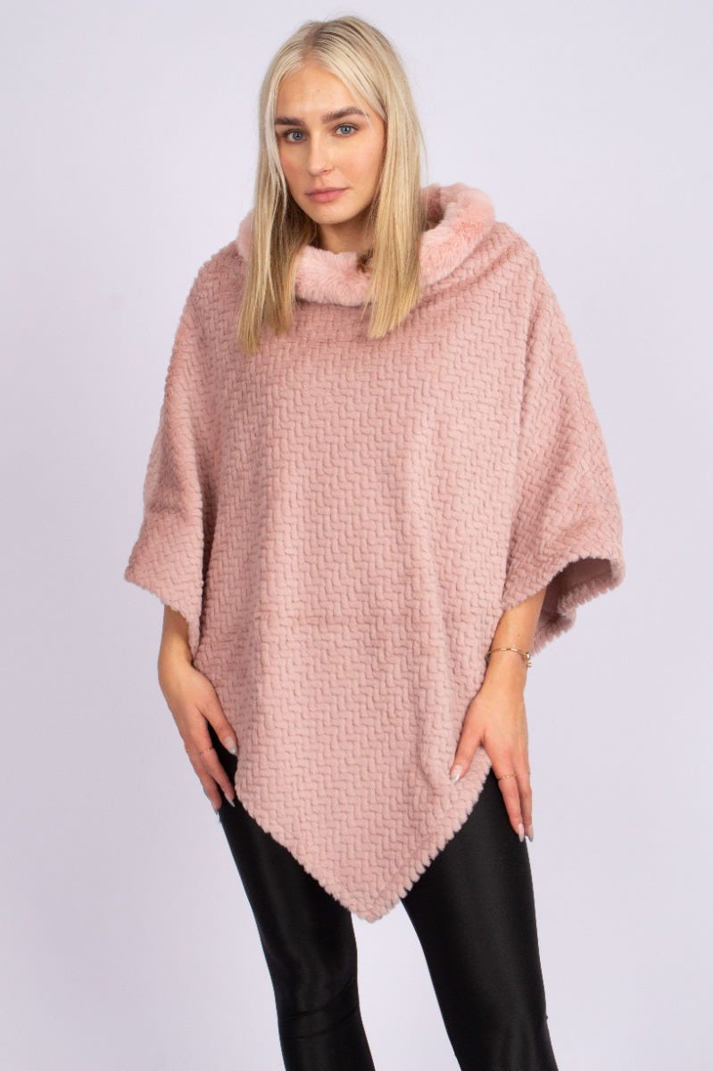 Fuskpäls poncho m. krage, Rosa