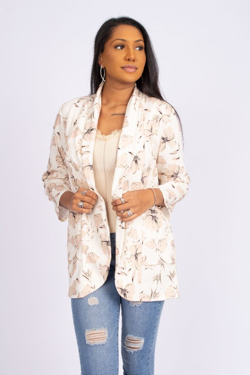 Gina blazer m. blommor, Creme/Beige