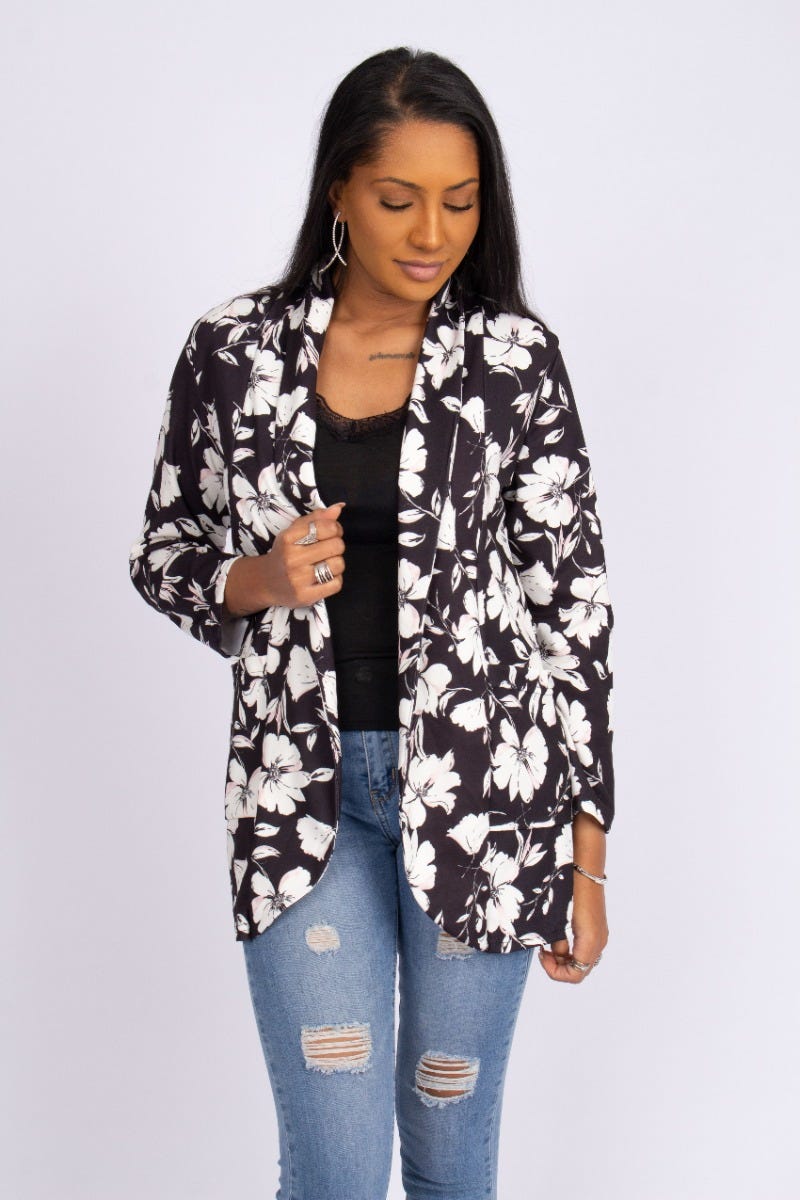 Gina blazer m. blommor, Svart/Vit