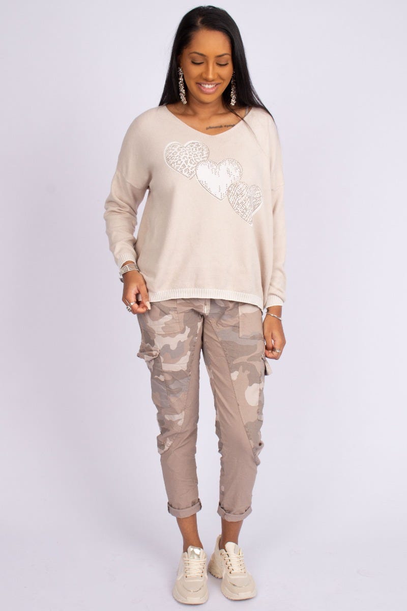 Stickad blus m. hjärtan, Beige