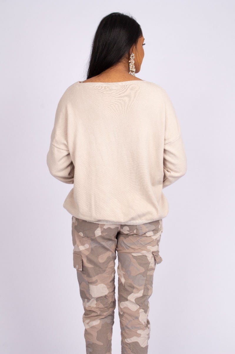 Stickad blus m. hjärtan, Beige