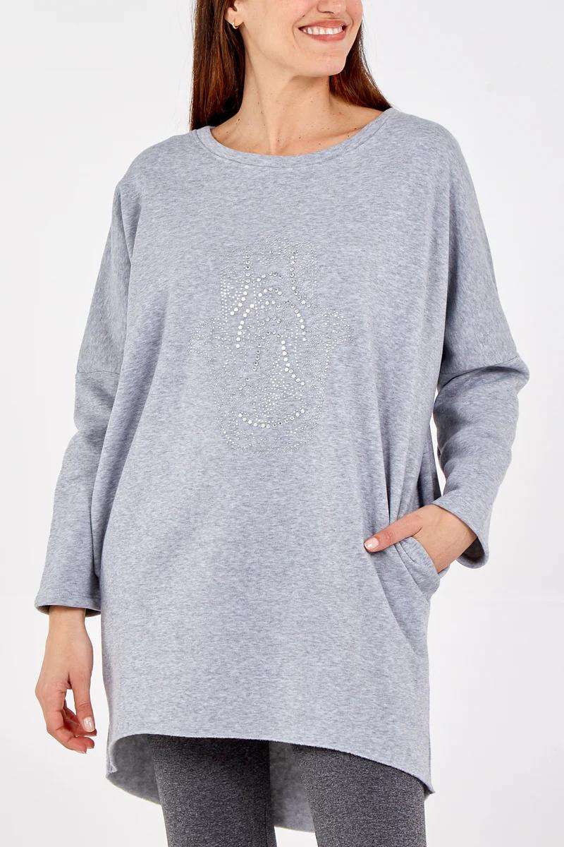 Sweatshirt m. glittersten, Grå