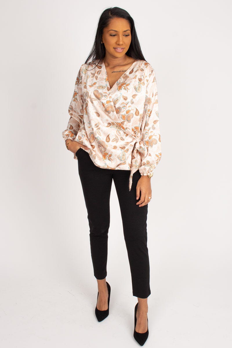 Crossover blus m. paisleymönster, Beige