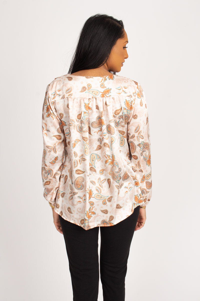 Crossover blus m. paisleymönster, Beige