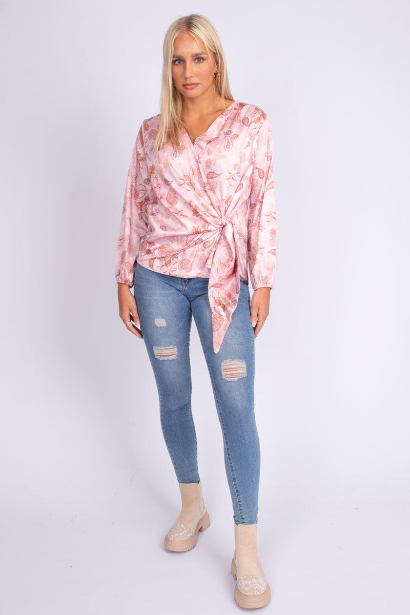 Crossover blus m. paisleymönster, Rosa