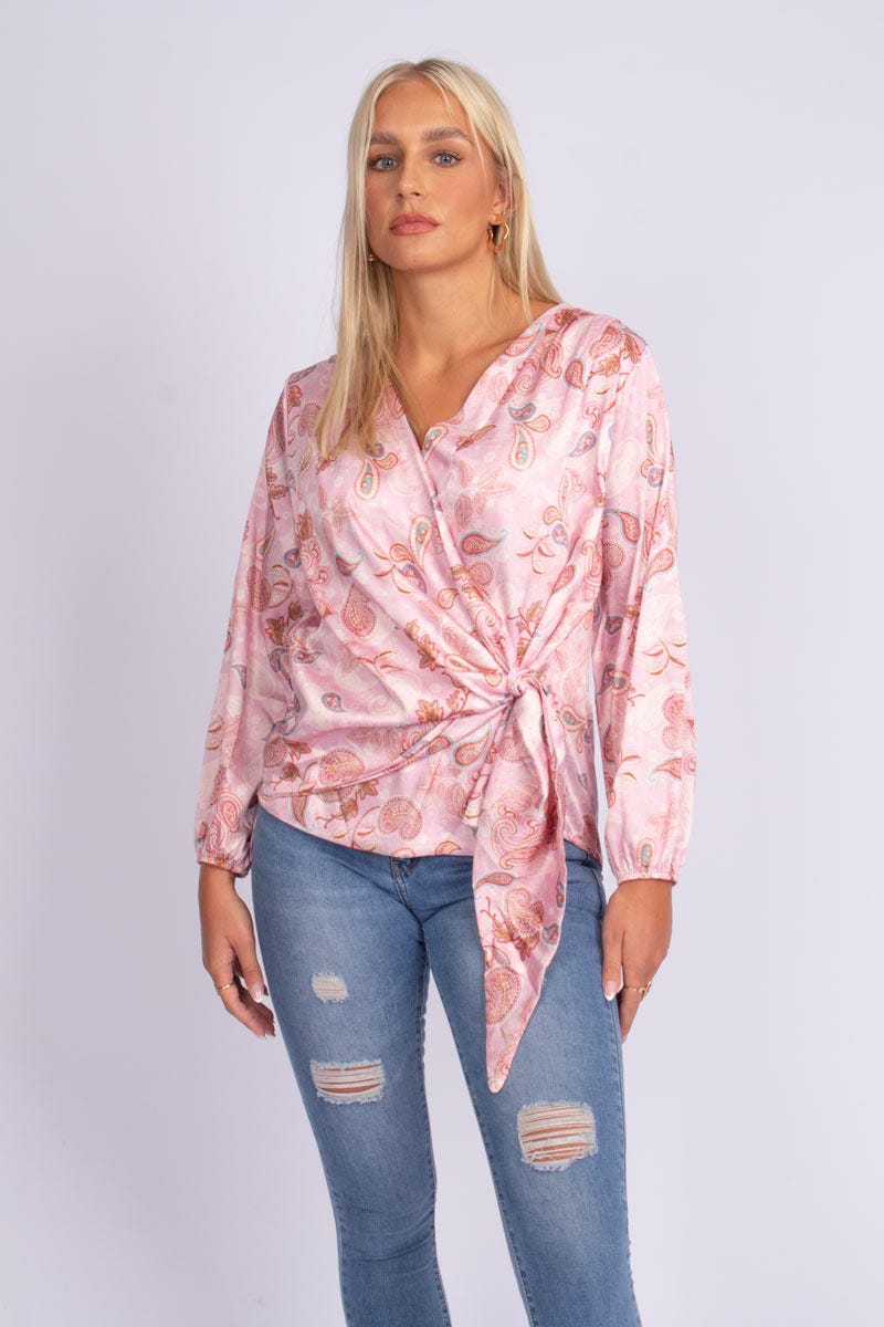 Crossover blus m. paisleymönster, Rosa