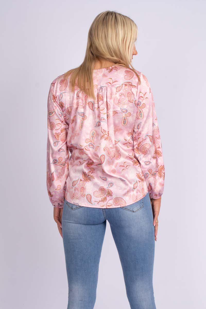 Crossover blus m. paisleymönster, Rosa