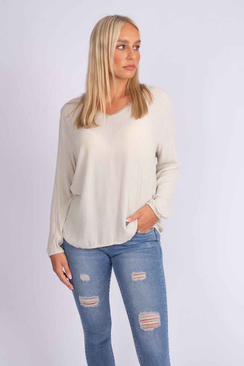 Blus m. spetsrygg, Beige