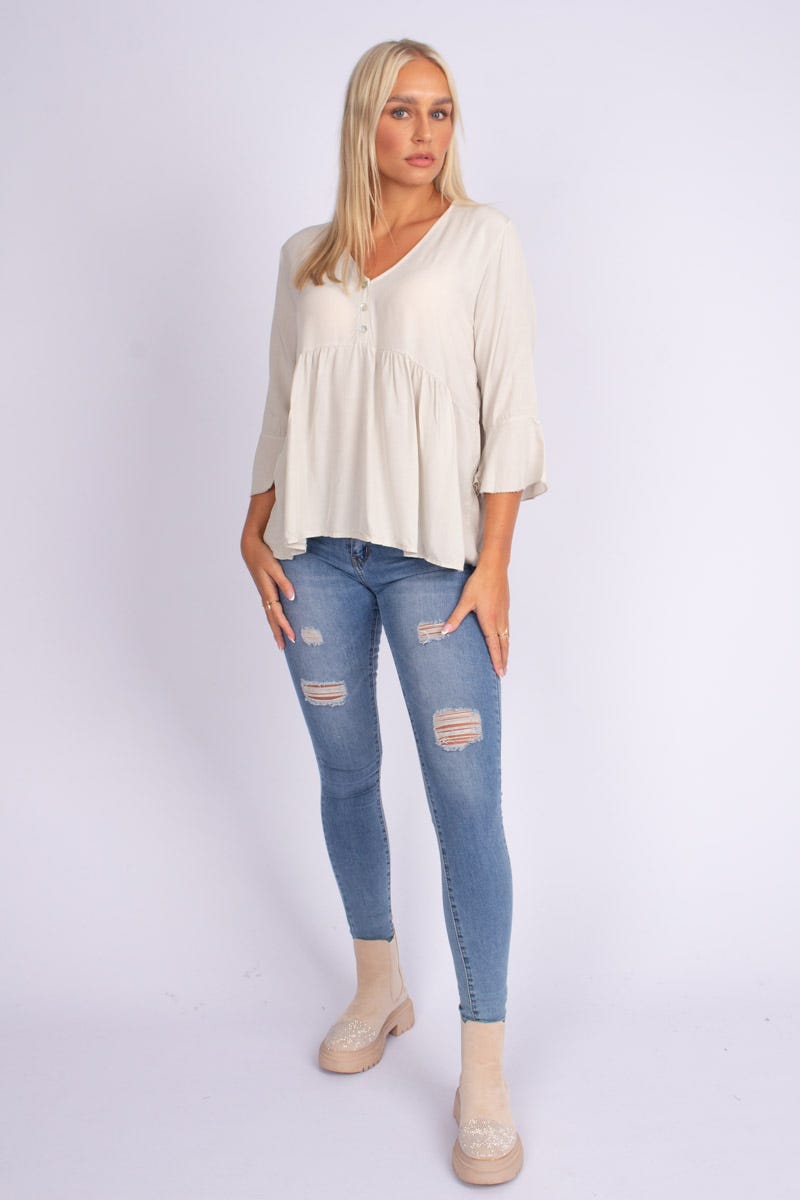 Blus m. knappar, Beige