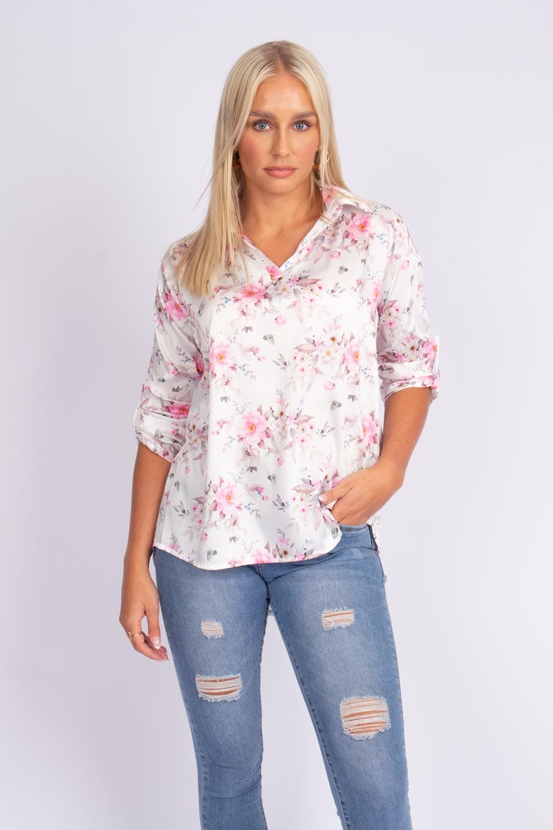 Blus m. krage i blomsterprint, Vit