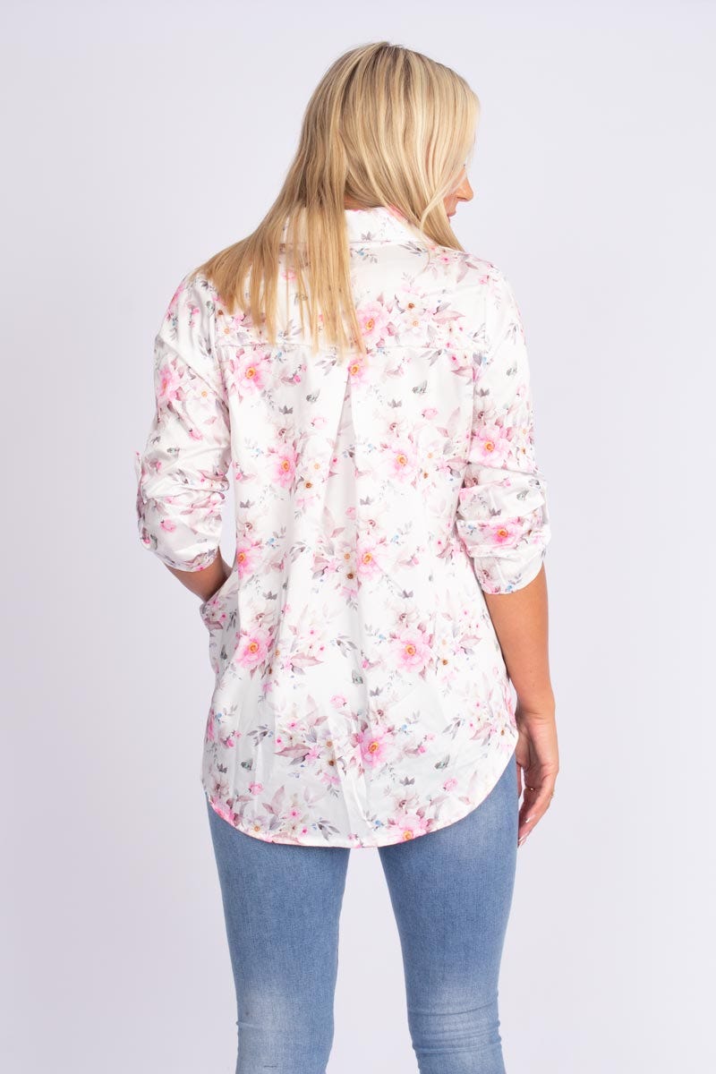 Blus m. krage i blomsterprint, Vit