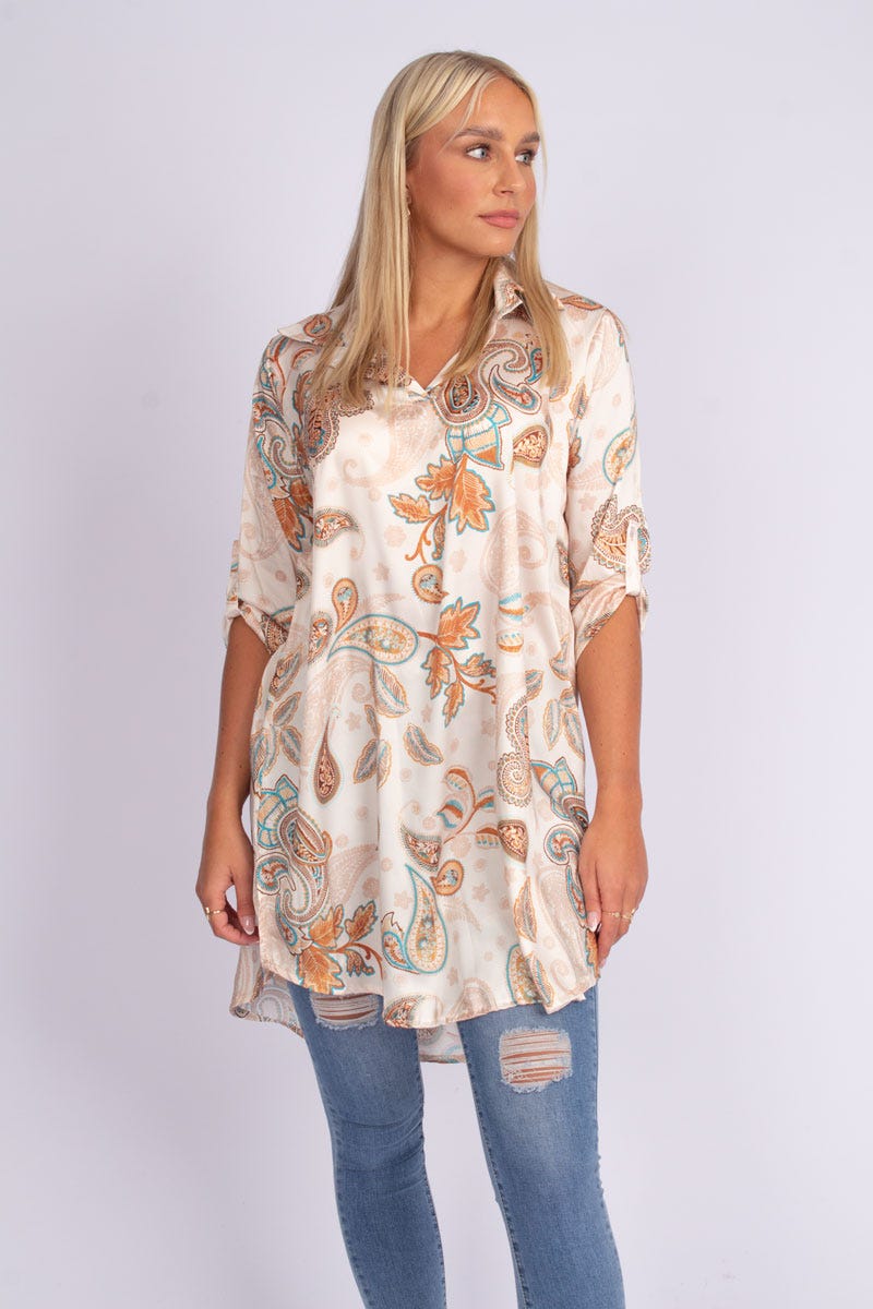 Tunika m. krage i paisley print, Beige