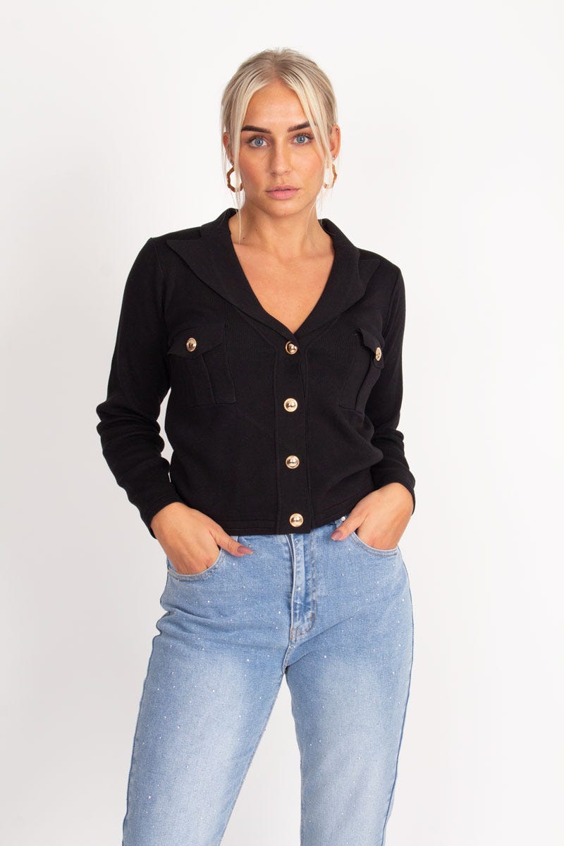 Stickad cardigan m. knappar, Svart 