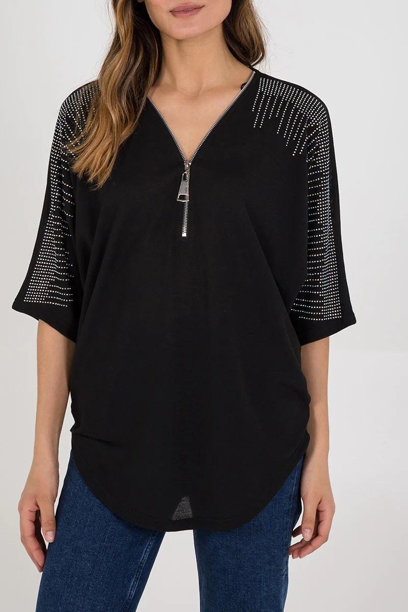 Batwing bluse m. lynlås Sort