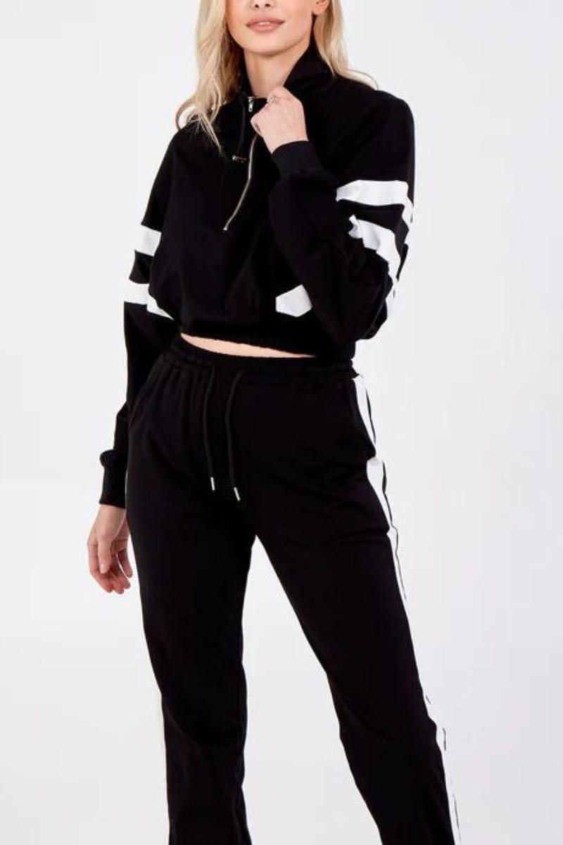 Cropped sweatshirt m. ränder, Svart