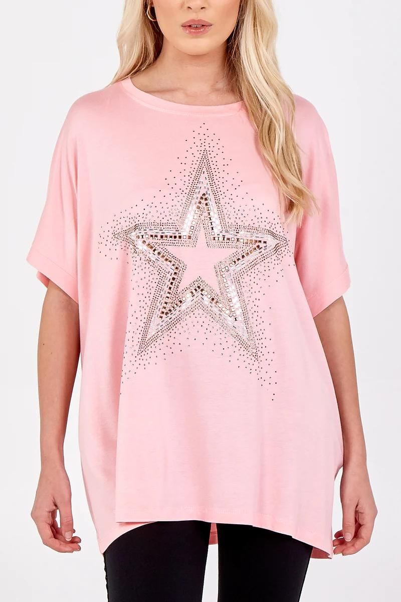 T-shirt m. stjernemotiv og sten Pink