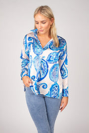 Bluse m. krave i paisley print  Blå