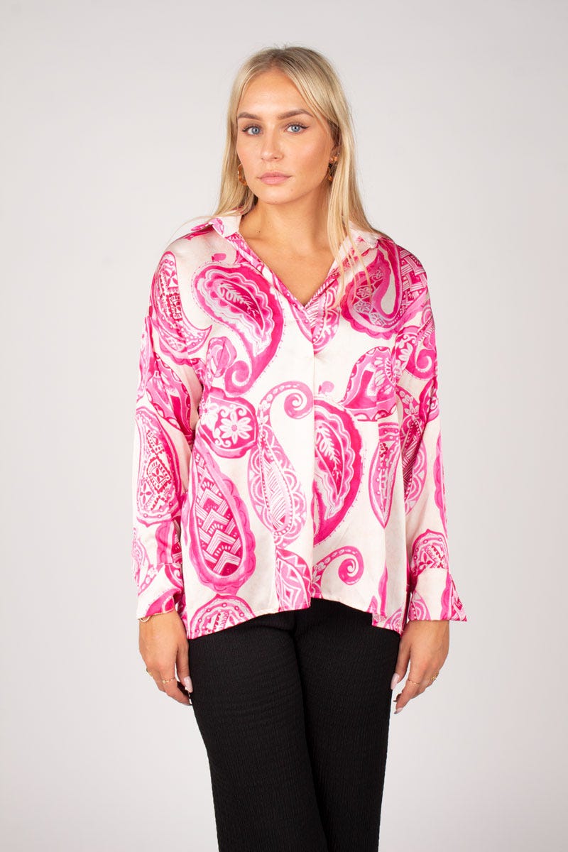 Bluse m. krave i paisley print  Pink