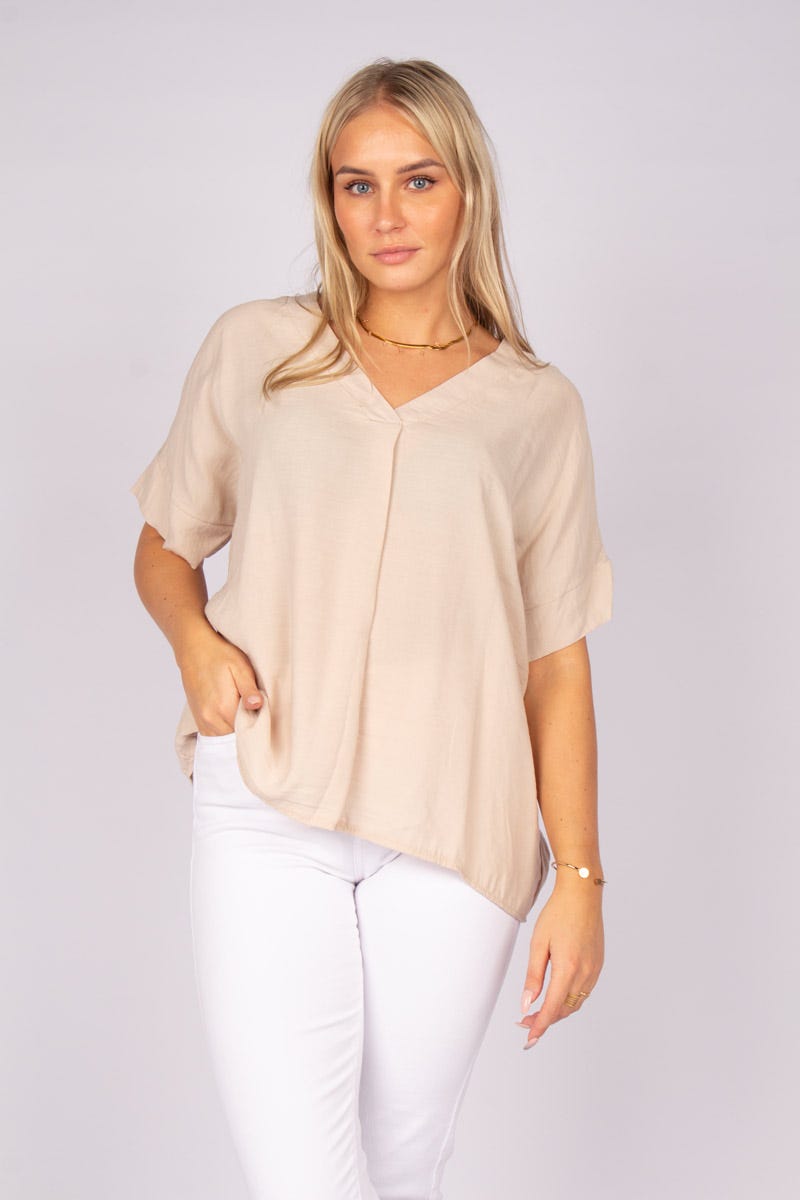 Tee m. v-ringning, Beige