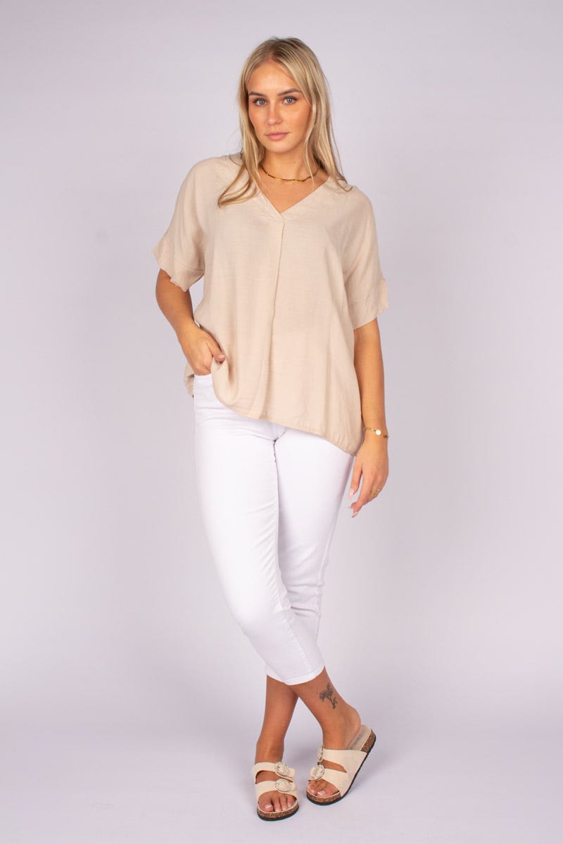 Tee m. v-ringning, Beige