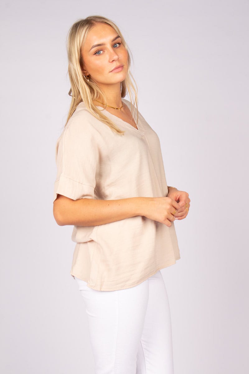 Tee m. v-ringning, Beige