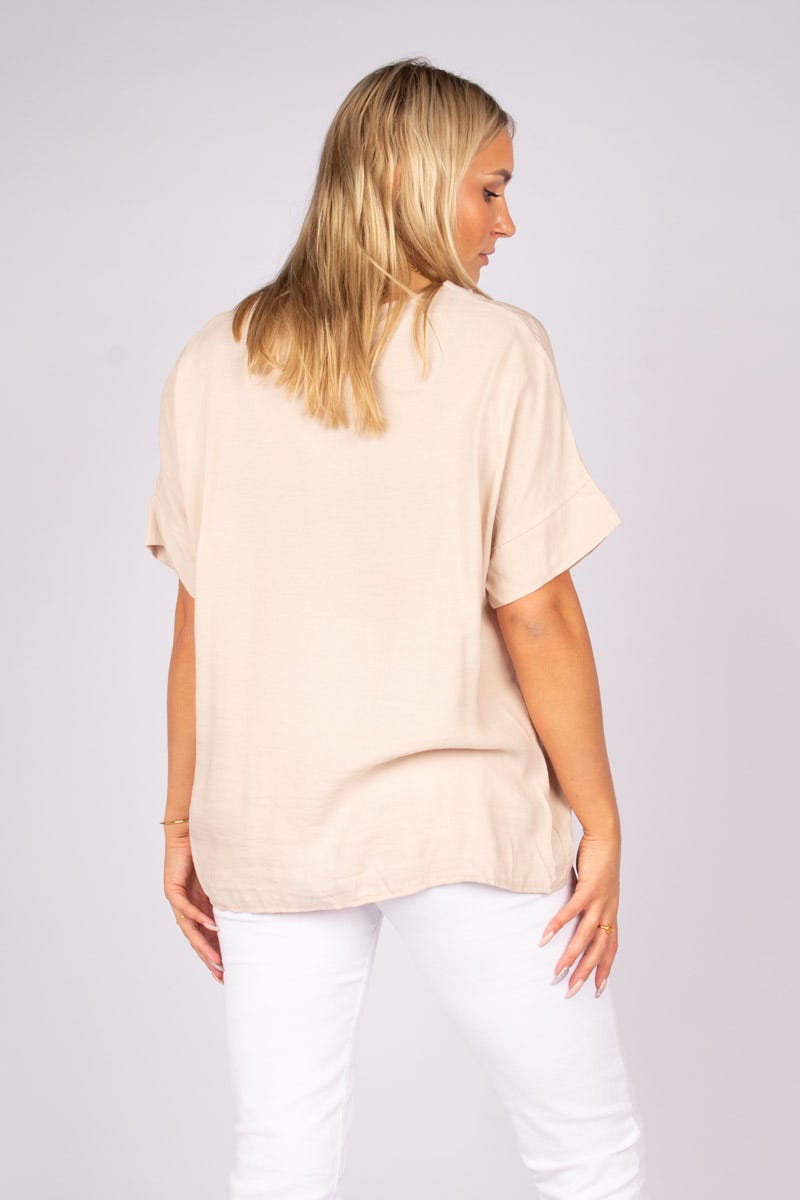 Tee m. v-ringning, Beige