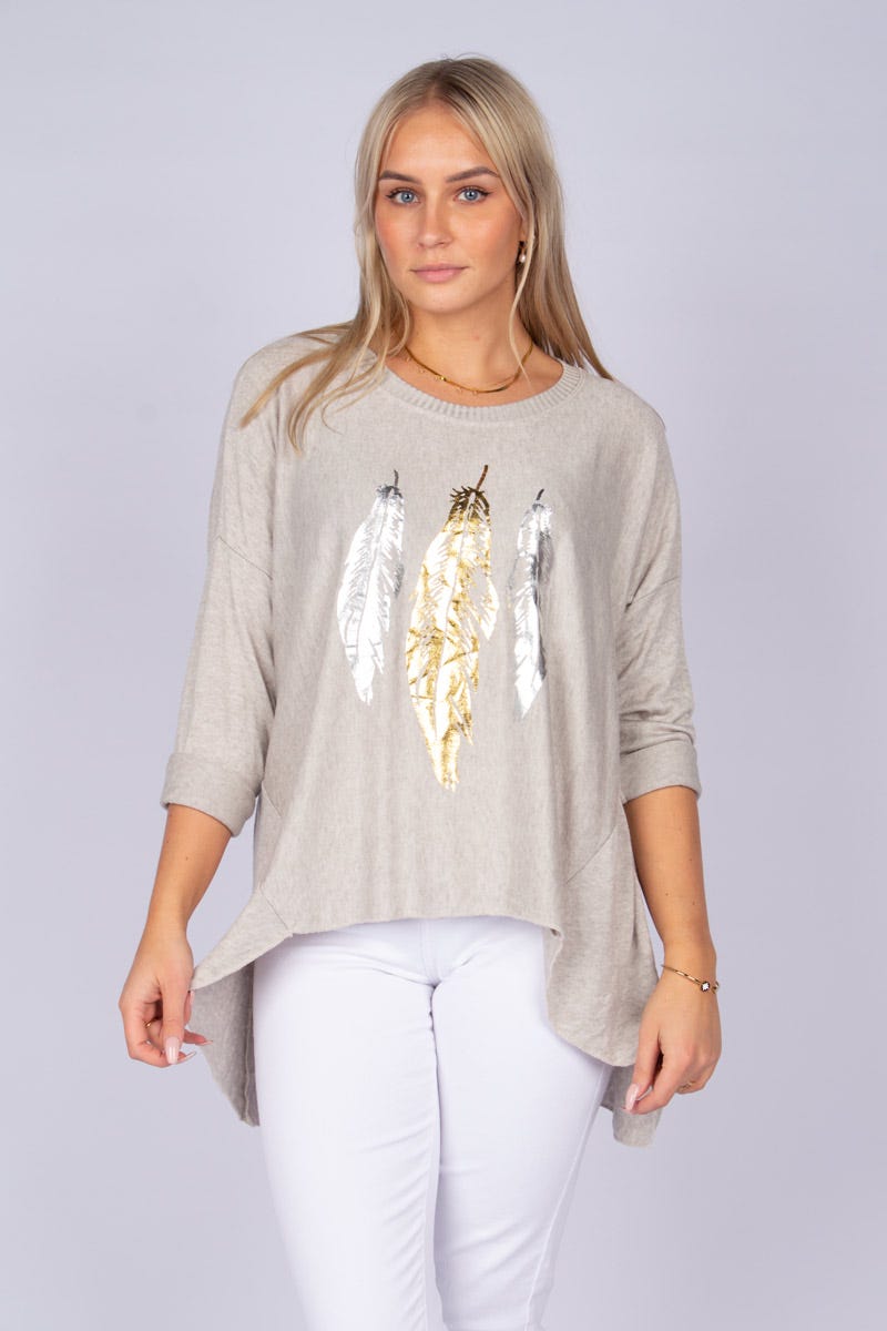 Bluse m. fjer Beige