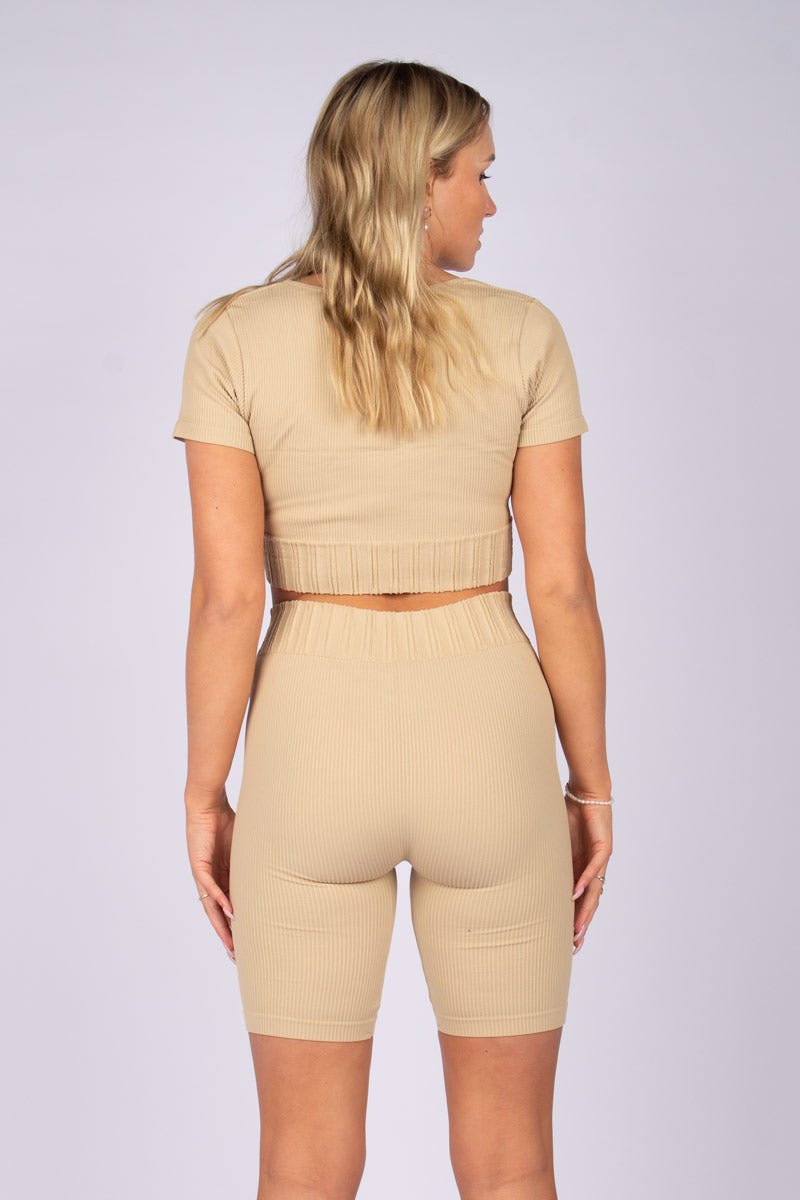 Crop top m. ärmar, Beige