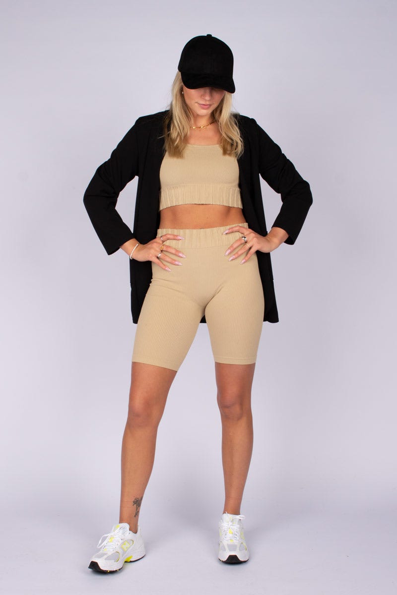 Crop top m. ärmar, Beige