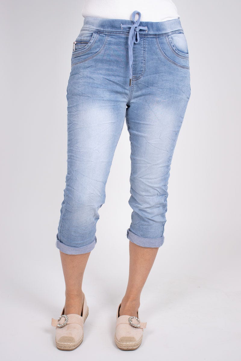 3/4 Jeans m. knytband, Denim